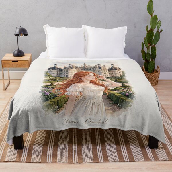 Item preview, France Château de Chambord with an Elegant Redhead Traveler in a Romantic Ivory Dress, French Renaissance Castle and Beautiful Garden Landscape designed and sold by DibujandoPorfa.