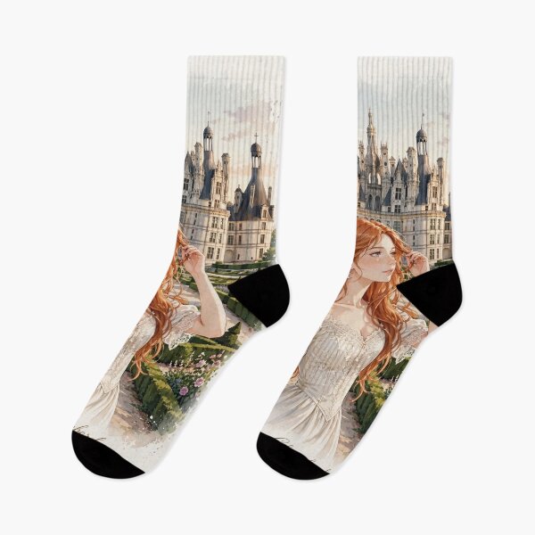 Item preview, France Château de Chambord with an Elegant Redhead Traveler in a Romantic Ivory Dress, French Renaissance Castle and Beautiful Garden Landscape designed and sold by DibujandoPorfa.
