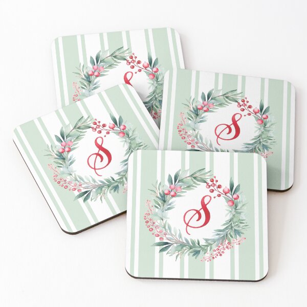 Item preview, S Initial Christmas Wreath with Green Striped Background designed and sold by Feeling Artsy.