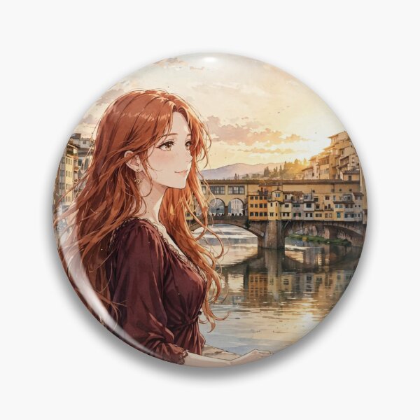 Artikelvorschau, Florenz, Italien, Ponte Vecchio mit einer schönen rothaarigen Reisenden in einem eleganten burgunderroten Kleid, romantische italienische Stadt und Arno. entworfen und verkauft von DibujandoPorfa.