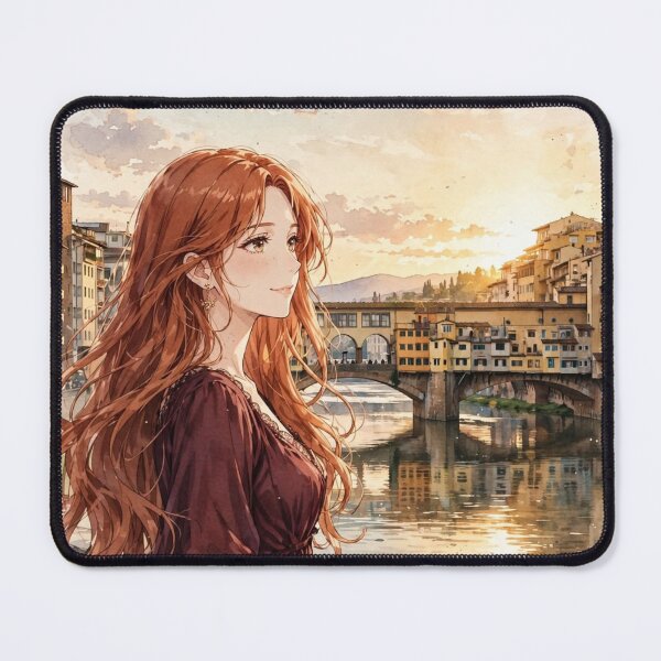 Item preview, Italy Florence Ponte Vecchio with a Beautiful Redhead Traveler in an Elegant Burgundy Dress, Romantic Italian City and Arno River designed and sold by DibujandoPorfa.