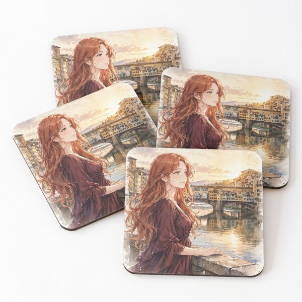 Item preview, Italy Florence Ponte Vecchio with a Beautiful Redhead Traveler in an Elegant Burgundy Dress, Romantic Italian City and Arno River designed and sold by DibujandoPorfa.