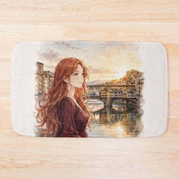 Item preview, Italy Florence Ponte Vecchio with a Beautiful Redhead Traveler in an Elegant Burgundy Dress, Romantic Italian City and Arno River designed and sold by DibujandoPorfa.
