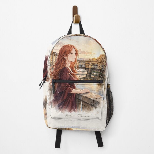 Item preview, Italy Florence Ponte Vecchio with a Beautiful Redhead Traveler in an Elegant Burgundy Dress, Romantic Italian City and Arno River designed and sold by DibujandoPorfa.