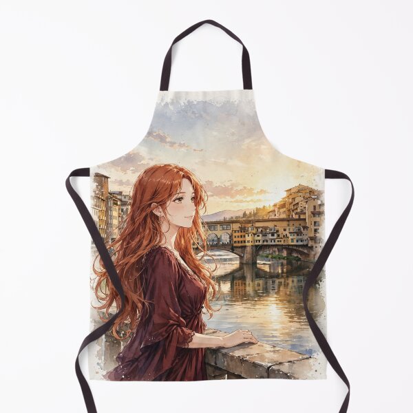 Item preview, Italy Florence Ponte Vecchio with a Beautiful Redhead Traveler in an Elegant Burgundy Dress, Romantic Italian City and Arno River designed and sold by DibujandoPorfa.
