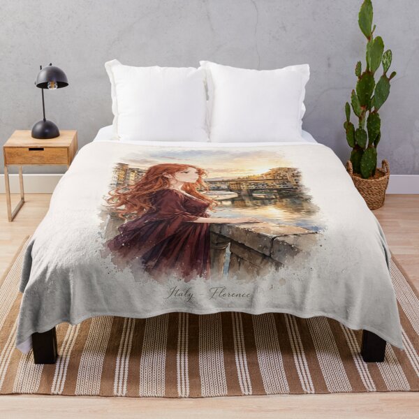 Artikelvorschau, Florenz, Italien, Ponte Vecchio mit einer schönen rothaarigen Reisenden in einem eleganten burgunderroten Kleid, romantische italienische Stadt und Arno. entworfen und verkauft von DibujandoPorfa.