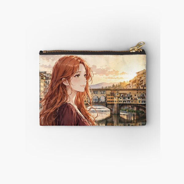 Item preview, Italy Florence Ponte Vecchio with a Beautiful Redhead Traveler in an Elegant Burgundy Dress, Romantic Italian City and Arno River designed and sold by DibujandoPorfa.