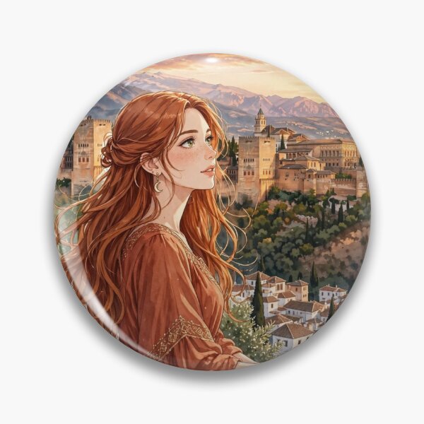 Item preview, Spain Alhambra Granada with a Redhead Traveler in an Elegant Terracotta Dress, Andalusian Sunset and Historic Spanish Palace designed and sold by DibujandoPorfa.