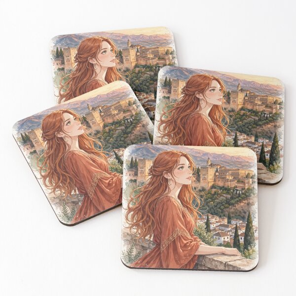 Item preview, Spain Alhambra Granada with a Redhead Traveler in an Elegant Terracotta Dress, Andalusian Sunset and Historic Spanish Palace designed and sold by DibujandoPorfa.