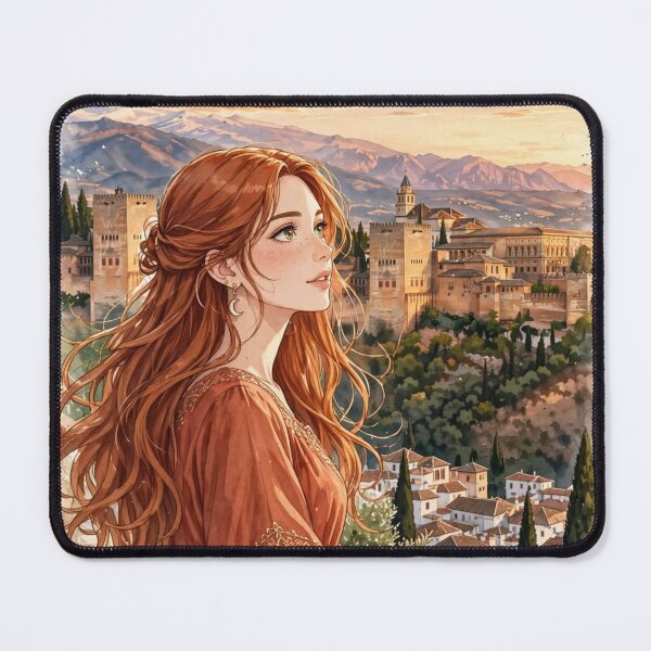 Item preview, Spain Alhambra Granada with a Redhead Traveler in an Elegant Terracotta Dress, Andalusian Sunset and Historic Spanish Palace designed and sold by DibujandoPorfa.