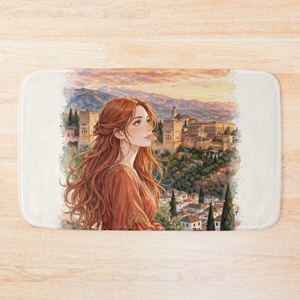 Item preview, Spain Alhambra Granada with a Redhead Traveler in an Elegant Terracotta Dress, Andalusian Sunset and Historic Spanish Palace designed and sold by DibujandoPorfa.