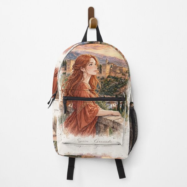 Item preview, Spain Alhambra Granada with a Redhead Traveler in an Elegant Terracotta Dress, Andalusian Sunset and Historic Spanish Palace designed and sold by DibujandoPorfa.