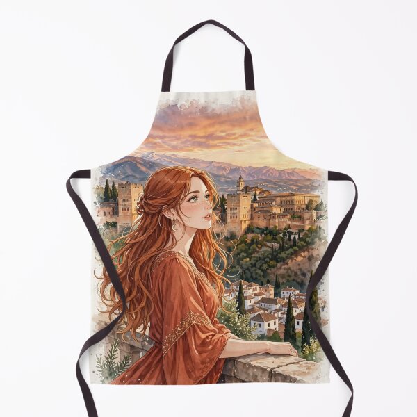 Item preview, Spain Alhambra Granada with a Redhead Traveler in an Elegant Terracotta Dress, Andalusian Sunset and Historic Spanish Palace designed and sold by DibujandoPorfa.