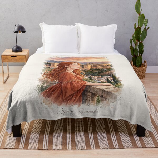 Item preview, Spain Alhambra Granada with a Redhead Traveler in an Elegant Terracotta Dress, Andalusian Sunset and Historic Spanish Palace designed and sold by DibujandoPorfa.