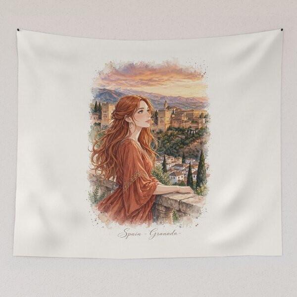 Item preview, Spain Alhambra Granada with a Redhead Traveler in an Elegant Terracotta Dress, Andalusian Sunset and Historic Spanish Palace designed and sold by DibujandoPorfa.
