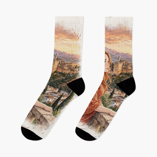 Item preview, Spain Alhambra Granada with a Redhead Traveler in an Elegant Terracotta Dress, Andalusian Sunset and Historic Spanish Palace designed and sold by DibujandoPorfa.