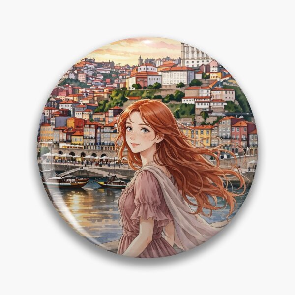 Artikelvorschau, Porto Ribeira in Portugal: Eine charmante rothaarige Reisende in einem altrosa Kleid, die farbenfrohe Uferpromenade des Douro und eine romantische europäische Stadt. entworfen und verkauft von DibujandoPorfa.