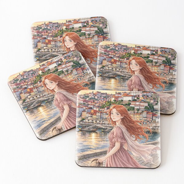 Item preview, Portugal Porto Ribeira with a Charming Redhead Traveler in a Dusty Pink Dress, Colourful Douro Riverfront and Romantic European City designed and sold by DibujandoPorfa.