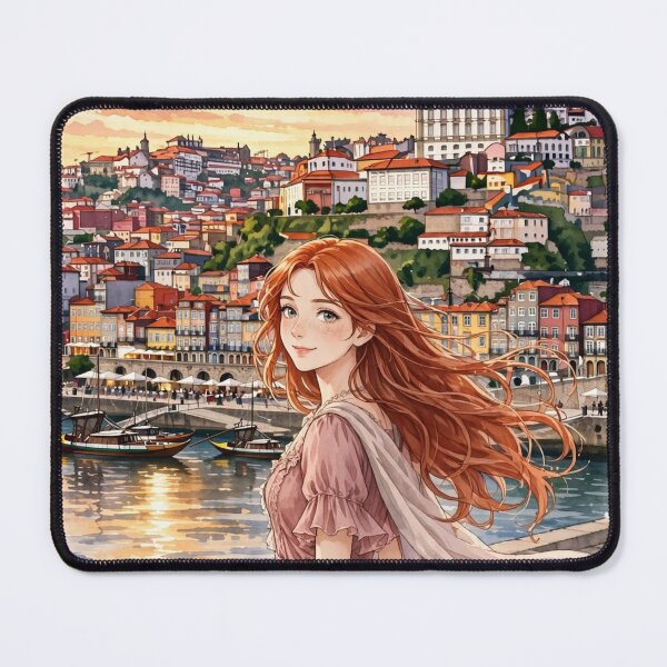 Item preview, Portugal Porto Ribeira with a Charming Redhead Traveler in a Dusty Pink Dress, Colourful Douro Riverfront and Romantic European City designed and sold by DibujandoPorfa.