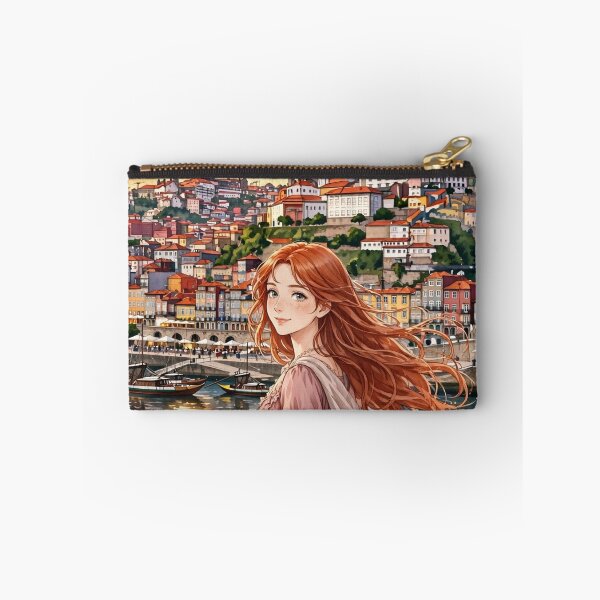 Artikelvorschau, Porto Ribeira in Portugal: Eine charmante rothaarige Reisende in einem altrosa Kleid, die farbenfrohe Uferpromenade des Douro und eine romantische europäische Stadt. entworfen und verkauft von DibujandoPorfa.