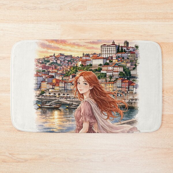 Item preview, Portugal Porto Ribeira with a Charming Redhead Traveler in a Dusty Pink Dress, Colourful Douro Riverfront and Romantic European City designed and sold by DibujandoPorfa.