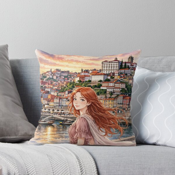 Item preview, Portugal Porto Ribeira with a Charming Redhead Traveler in a Dusty Pink Dress, Colourful Douro Riverfront and Romantic European City designed and sold by DibujandoPorfa.