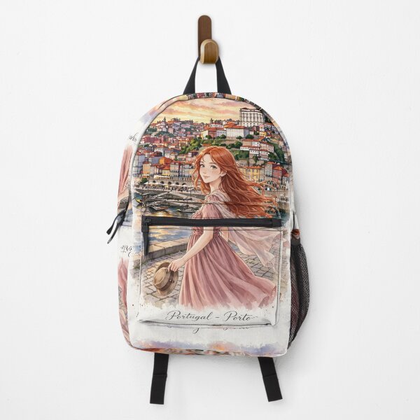 Item preview, Portugal Porto Ribeira with a Charming Redhead Traveler in a Dusty Pink Dress, Colourful Douro Riverfront and Romantic European City designed and sold by DibujandoPorfa.