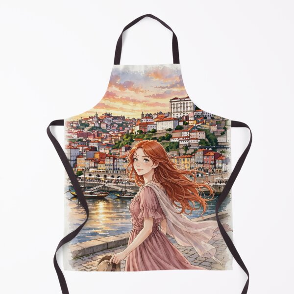Item preview, Portugal Porto Ribeira with a Charming Redhead Traveler in a Dusty Pink Dress, Colourful Douro Riverfront and Romantic European City designed and sold by DibujandoPorfa.