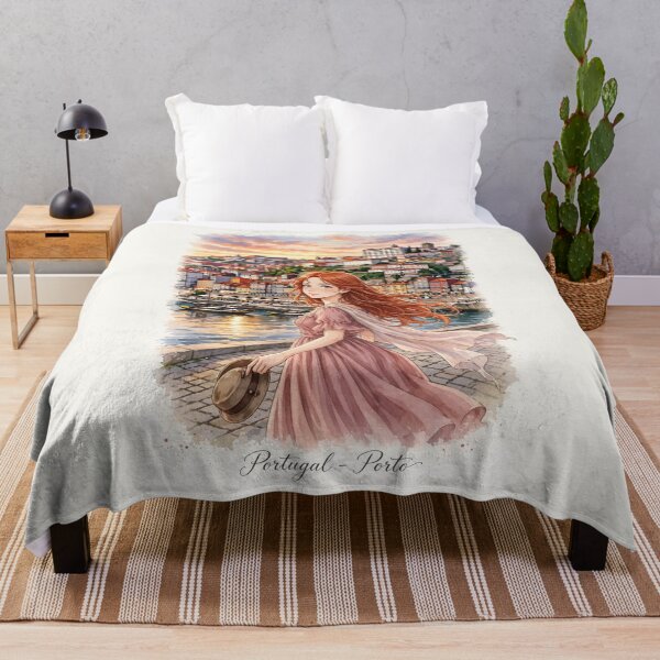 Item preview, Portugal Porto Ribeira with a Charming Redhead Traveler in a Dusty Pink Dress, Colourful Douro Riverfront and Romantic European City designed and sold by DibujandoPorfa.