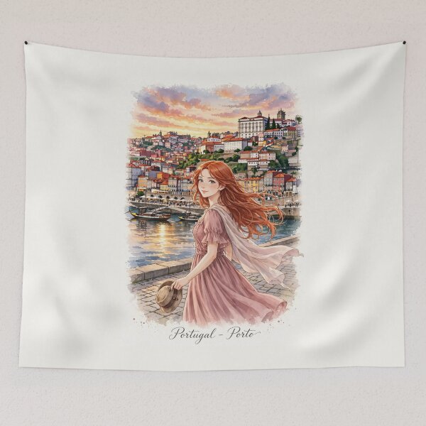 Item preview, Portugal Porto Ribeira with a Charming Redhead Traveler in a Dusty Pink Dress, Colourful Douro Riverfront and Romantic European City designed and sold by DibujandoPorfa.