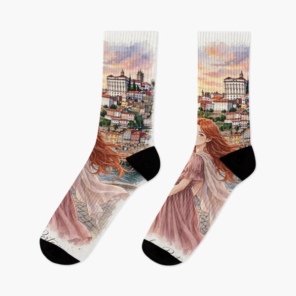 Item preview, Portugal Porto Ribeira with a Charming Redhead Traveler in a Dusty Pink Dress, Colourful Douro Riverfront and Romantic European City designed and sold by DibujandoPorfa.