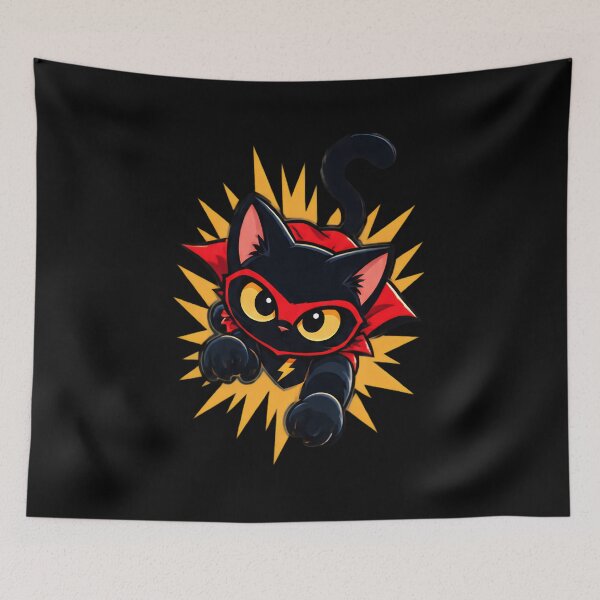 Item preview, Rooftop Hero Cat - Black Cat Superhero Red Cape Sky designed and sold by Retro Whiskers.