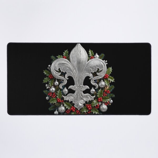 Item preview, Silver Fleur De Lis Christmas Wreath Black Background Holly Holiday designed and sold by ProjectNoah.