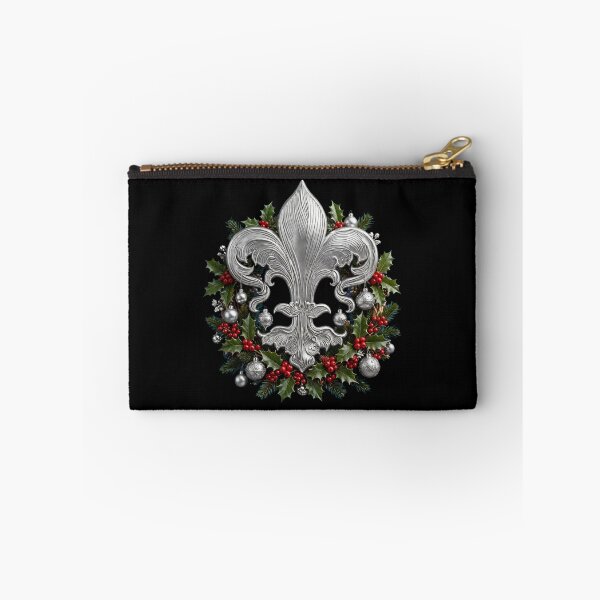Item preview, Silver Fleur De Lis Christmas Wreath Black Background Holly Holiday designed and sold by ProjectNoah.
