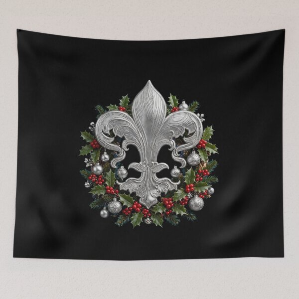 Item preview, Silver Fleur De Lis Christmas Wreath Black Background Holly Holiday designed and sold by ProjectNoah.
