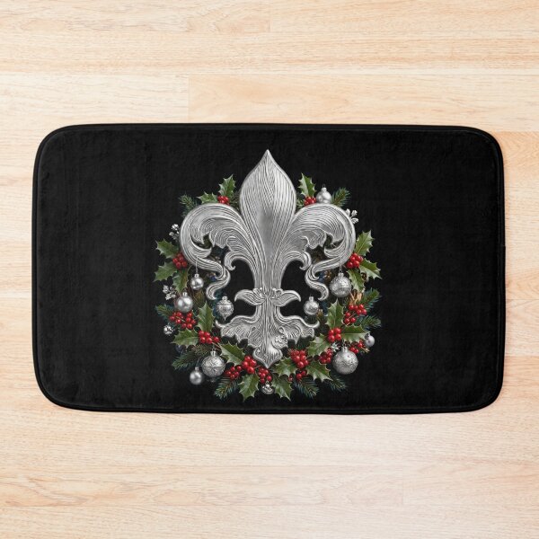Item preview, Silver Fleur De Lis Christmas Wreath Black Background Holly Holiday designed and sold by ProjectNoah.