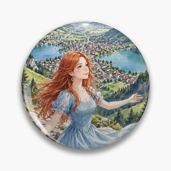 Item preview, Switzerland Interlaken with a Beautiful Redhead Traveler in a Flowing Blue Dress, Swiss Alps and Stunning Mountain Landscape designed and sold by DibujandoPorfa.