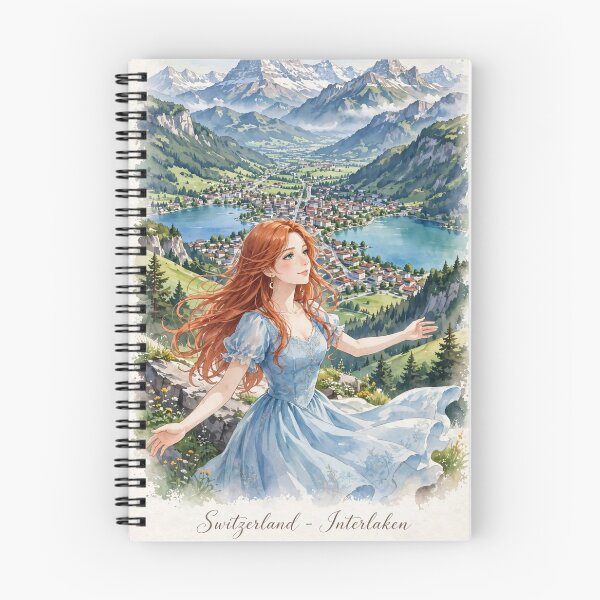 Item preview, Switzerland Interlaken with a Beautiful Redhead Traveler in a Flowing Blue Dress, Swiss Alps and Stunning Mountain Landscape designed and sold by DibujandoPorfa.