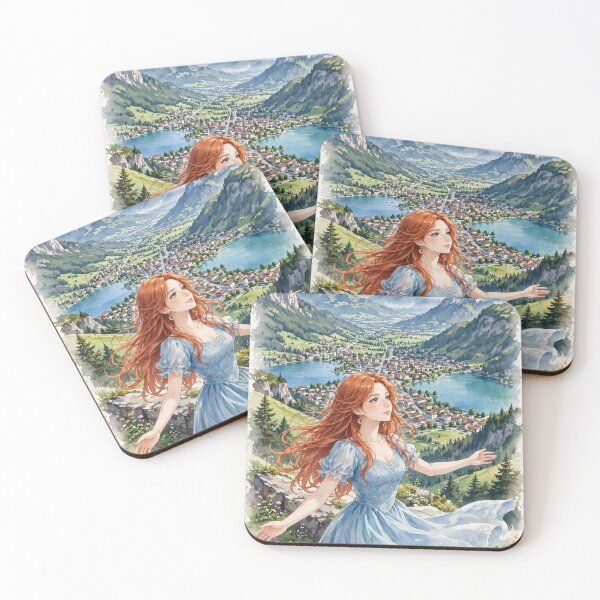 Item preview, Switzerland Interlaken with a Beautiful Redhead Traveler in a Flowing Blue Dress, Swiss Alps and Stunning Mountain Landscape designed and sold by DibujandoPorfa.