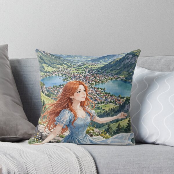 Item preview, Switzerland Interlaken with a Beautiful Redhead Traveler in a Flowing Blue Dress, Swiss Alps and Stunning Mountain Landscape designed and sold by DibujandoPorfa.