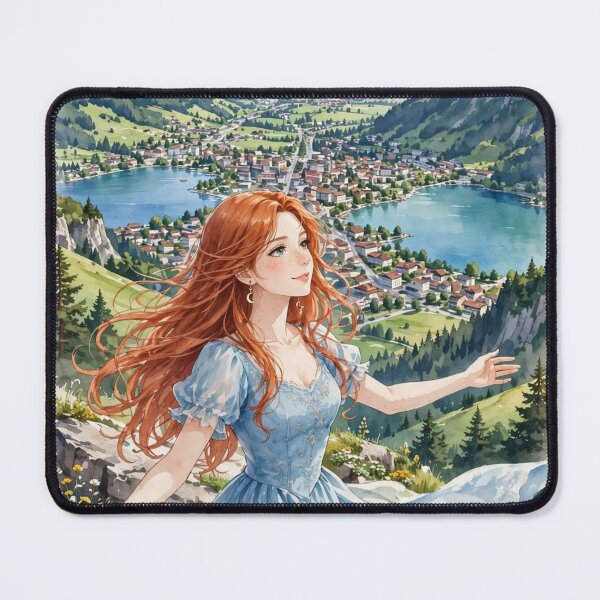 Item preview, Switzerland Interlaken with a Beautiful Redhead Traveler in a Flowing Blue Dress, Swiss Alps and Stunning Mountain Landscape designed and sold by DibujandoPorfa.