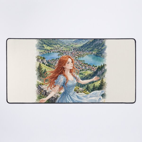 Item preview, Switzerland Interlaken with a Beautiful Redhead Traveler in a Flowing Blue Dress, Swiss Alps and Stunning Mountain Landscape designed and sold by DibujandoPorfa.