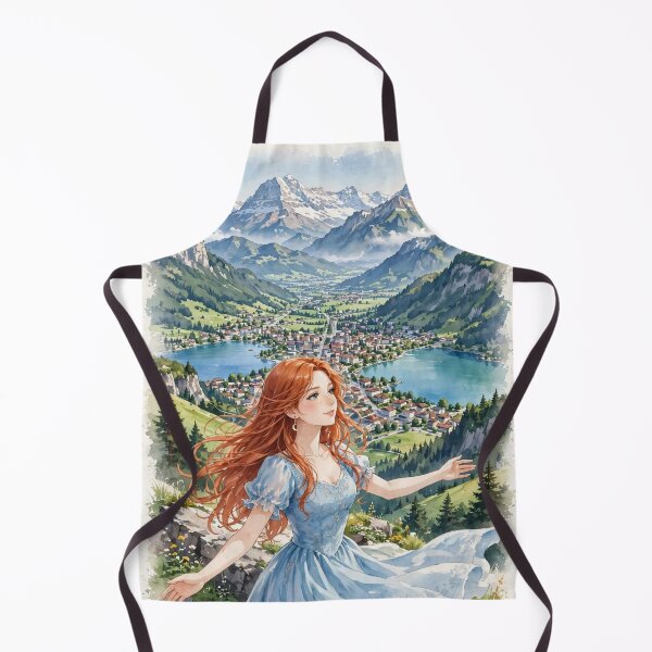 Item preview, Switzerland Interlaken with a Beautiful Redhead Traveler in a Flowing Blue Dress, Swiss Alps and Stunning Mountain Landscape designed and sold by DibujandoPorfa.