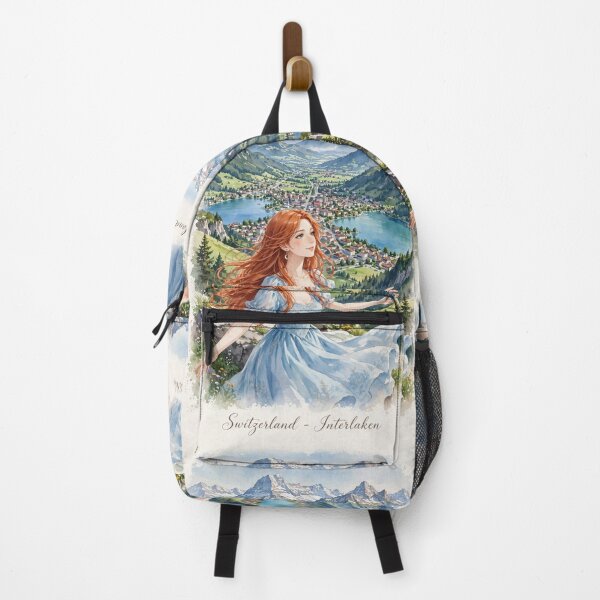 Item preview, Switzerland Interlaken with a Beautiful Redhead Traveler in a Flowing Blue Dress, Swiss Alps and Stunning Mountain Landscape designed and sold by DibujandoPorfa.