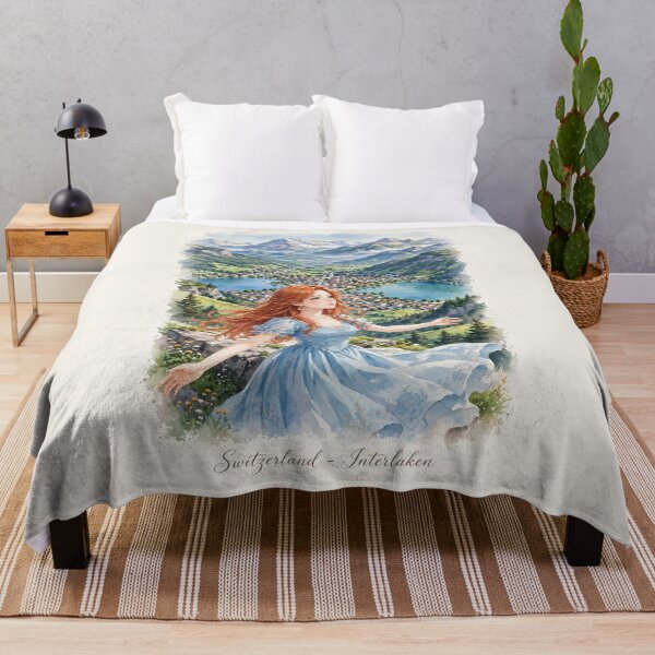 Item preview, Switzerland Interlaken with a Beautiful Redhead Traveler in a Flowing Blue Dress, Swiss Alps and Stunning Mountain Landscape designed and sold by DibujandoPorfa.