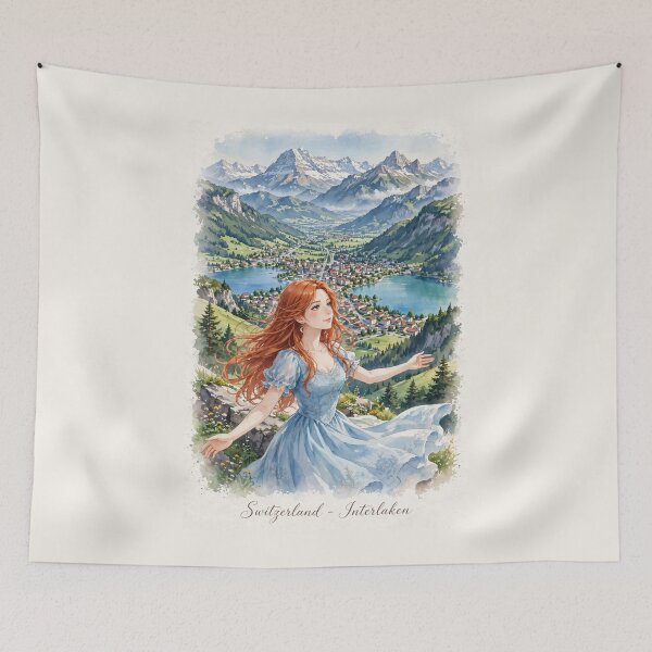 Item preview, Switzerland Interlaken with a Beautiful Redhead Traveler in a Flowing Blue Dress, Swiss Alps and Stunning Mountain Landscape designed and sold by DibujandoPorfa.