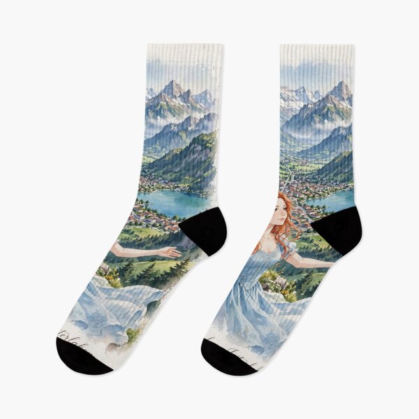 Artikelvorschau, Interlaken in der Schweiz: Eine wunderschöne rothaarige Reisende in einem fließenden blauen Kleid, die Schweizer Alpen und eine atemberaubende Berglandschaft. entworfen und verkauft von DibujandoPorfa.