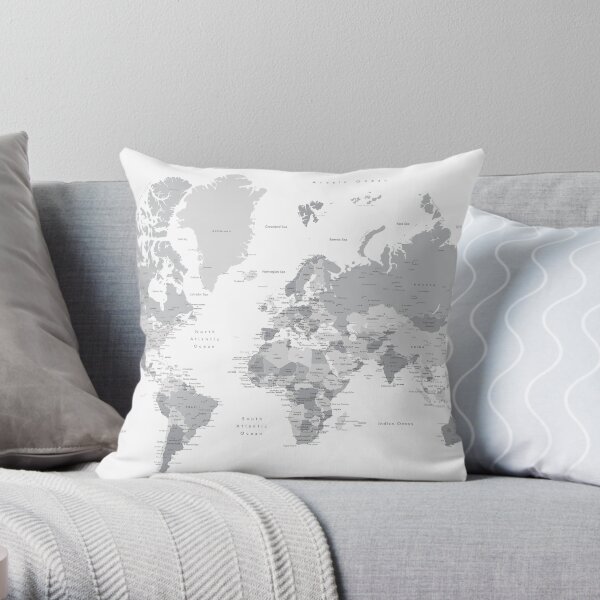 Gray world map with cities, states, countries Throw Pillow