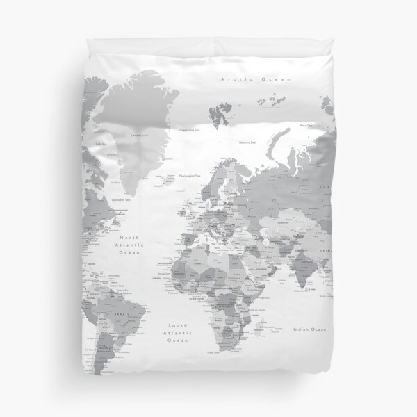Gray world map with cities, states, countries Duvet Cover