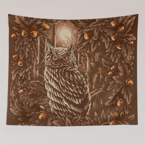 Artikelvorschau, Halloween-Eulen-Kunstdruck, braun | Vollmond-Waldillustration | Gruselige Vintage-Wandkunst | Poster mit dunklem Waldmotiv entworfen und verkauft von Orange Manon.